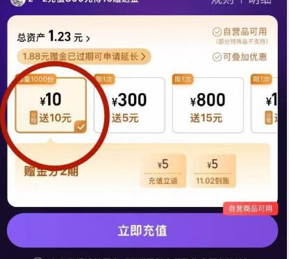 天猫国际，部分号有充10送10
